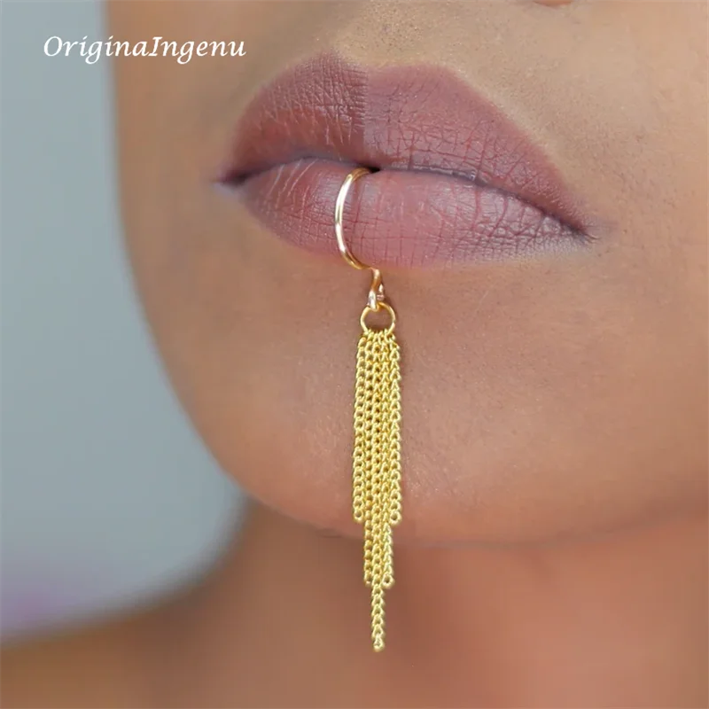 14K Gold Filled Chain Lip cuff - Body Jewelry Lip Ring ulasan dan harga
